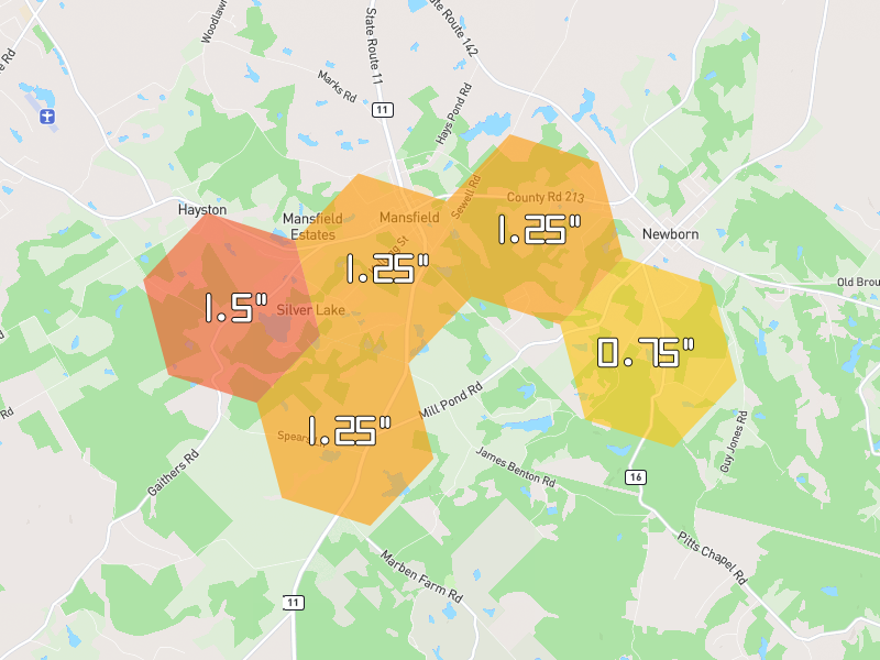 Hail map of Mansfield, GA on Jul 3, 2026, hail up to 1.5"