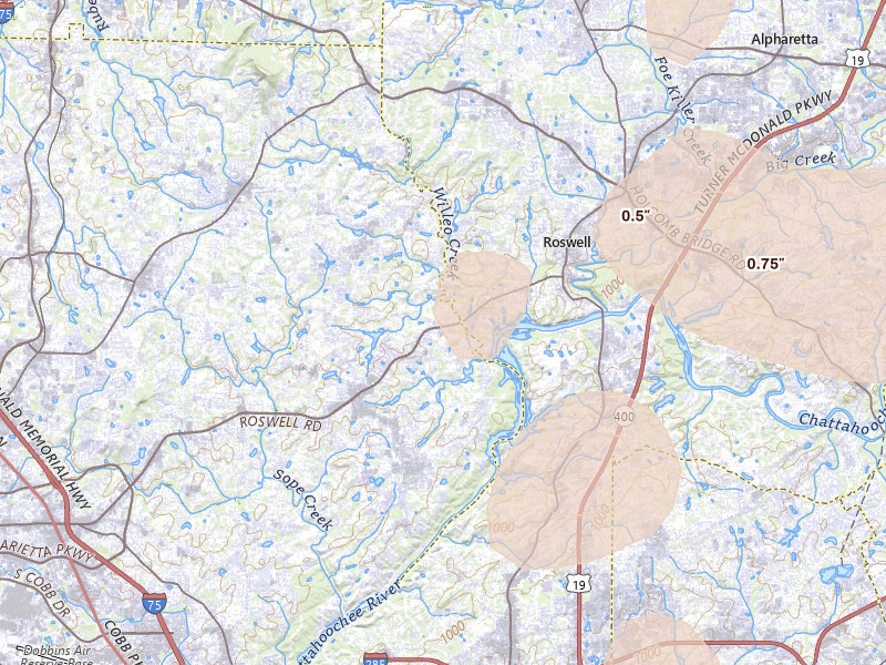 Radar-estimated hail-size map of the storm over Marietta, GA on Jul 3, 2026