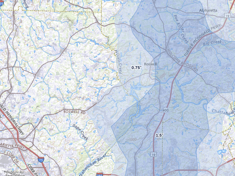 NEXRAD radar-signature map of the hail storm over Marietta, GA on Jul 3, 2026