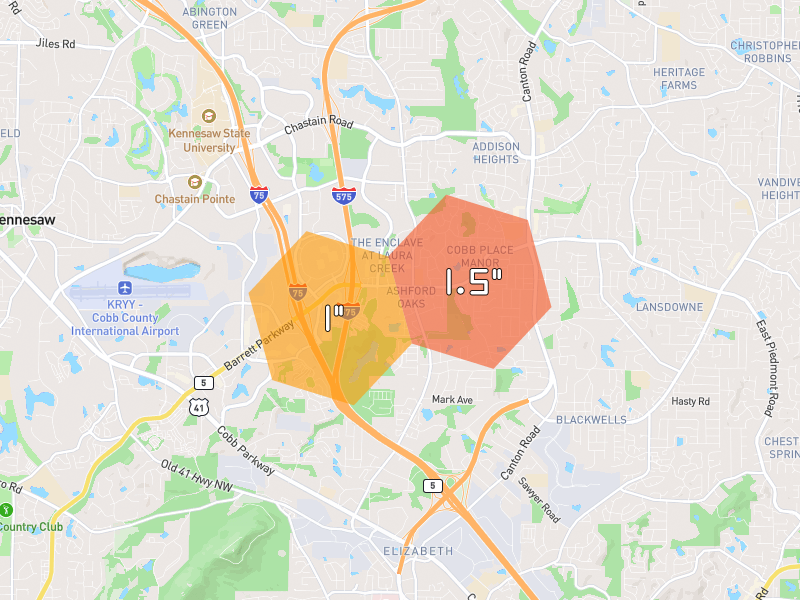 Hail map of Marietta, GA on Jul 9, 2026, hail up to 1.5"