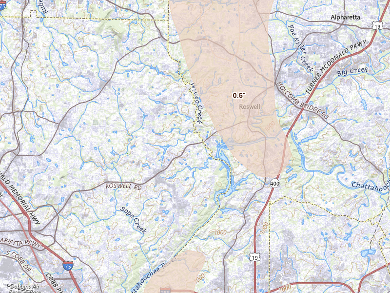 Radar-estimated hail-size map of the storm over Marietta, GA on Jul 28, 2026