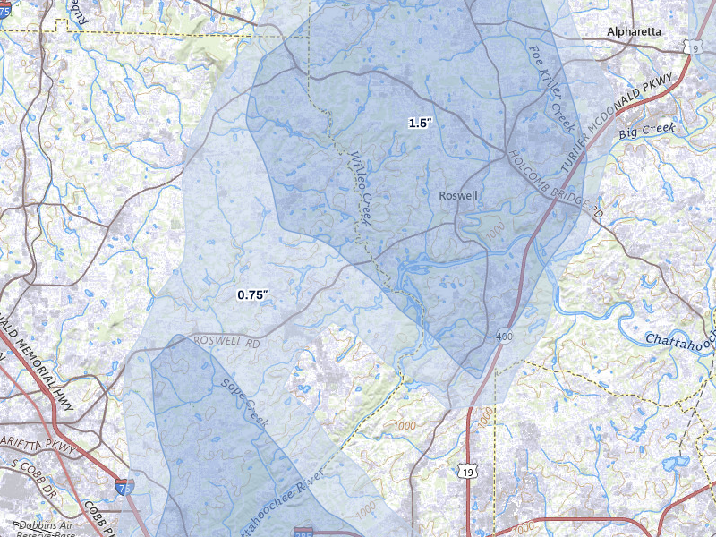 NEXRAD radar-signature map of the hail storm over Marietta, GA on Jul 28, 2026