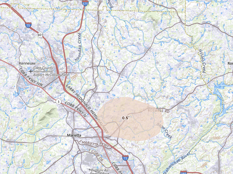 Radar-estimated hail-size map of the storm over Marietta, GA on Aug 20, 2026