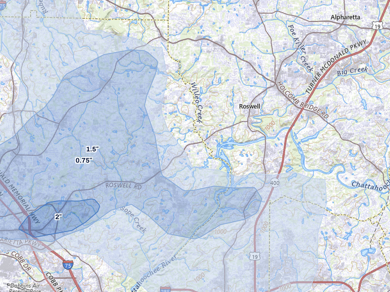 NEXRAD radar-signature map of the hail storm over Marietta, GA on Aug 20, 2026