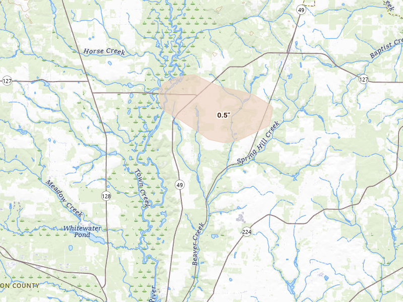 Radar-estimated hail-size map of the storm over Marshallville, GA on Jun 20, 2026
