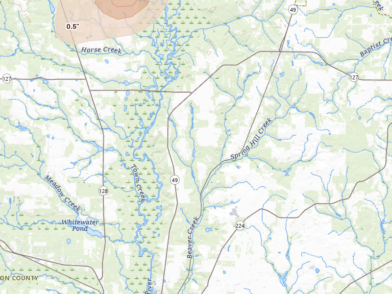 Radar-estimated hail-size map of the storm over Marshallville, GA on Jul 5, 2026