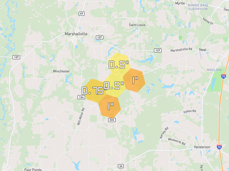 Hail map of Marshallville, GA on Jul 9, 2026, hail up to 1"