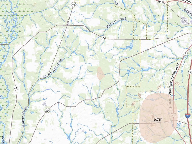 Radar-estimated hail-size map of the storm over Marshallville, GA on Aug 6, 2026