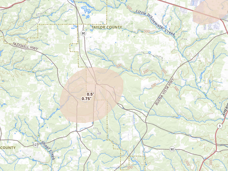 Radar-estimated hail-size map of the storm over Mauk, GA on Jul 9, 2026
