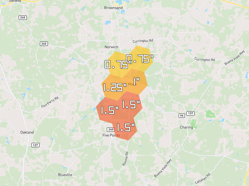 Hail map of Mauk, GA on Jul 9, 2026, hail up to 1.5"