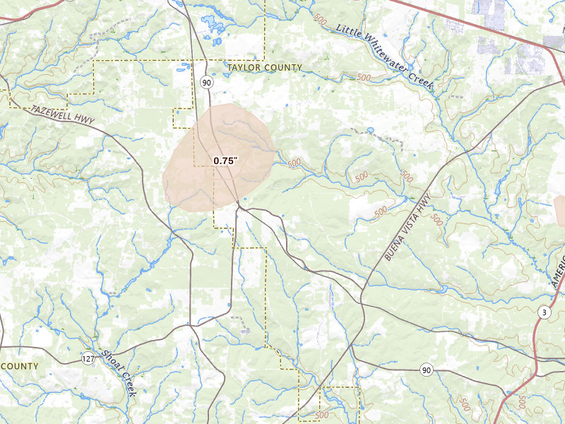Radar-estimated hail-size map of the storm over Mauk, GA on Aug 14, 2026