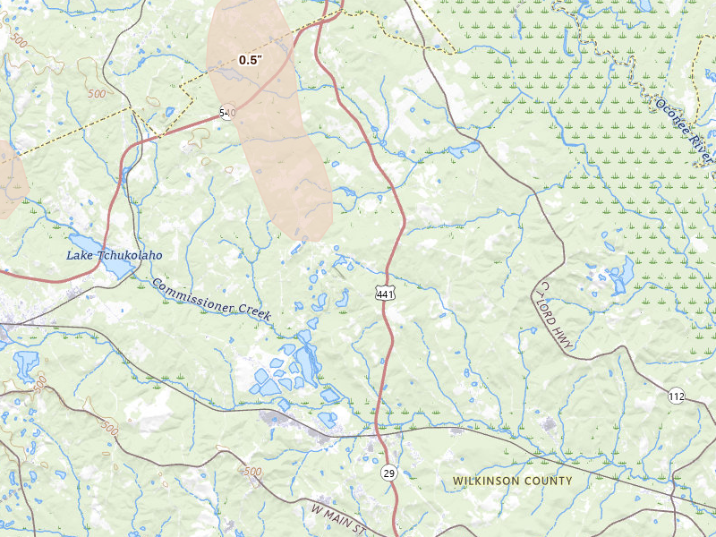 Radar-estimated hail-size map of the storm over Mc Intyre, GA on May 17, 2026