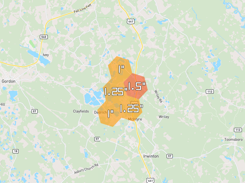 Hail map of Mc Intyre, GA on Jun 29, 2026, hail up to 1.5"