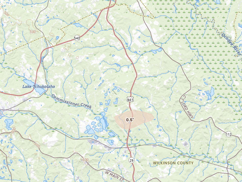 Radar-estimated hail-size map of the storm over Mc Intyre, GA on Jul 8, 2026