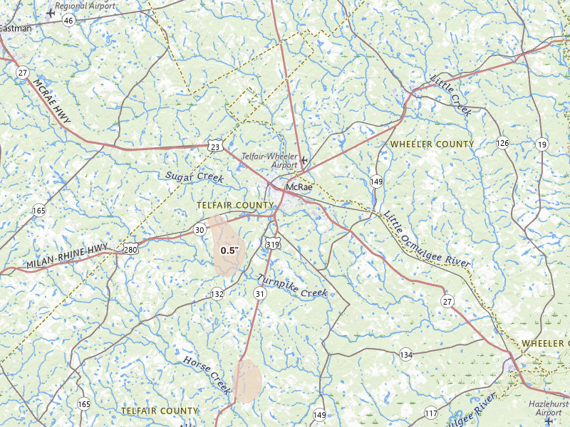 Radar-estimated hail-size map of the storm over Mc Rae Helena, GA on Apr 3, 2026