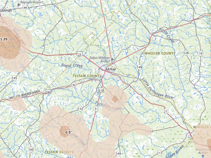 Radar-estimated hail-size map of the storm over Mc Rae Helena, GA on May 17, 2026