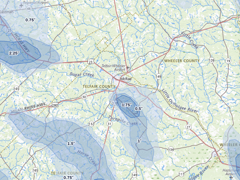 NEXRAD radar-signature map of the hail storm over Mc Rae Helena, GA on May 17, 2026