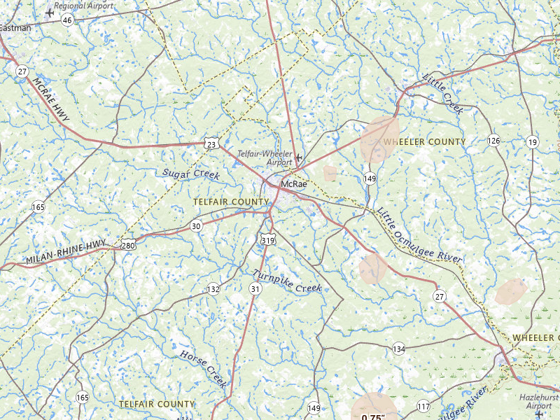 Radar-estimated hail-size map of the storm over Mc Rae Helena, GA on May 24, 2026