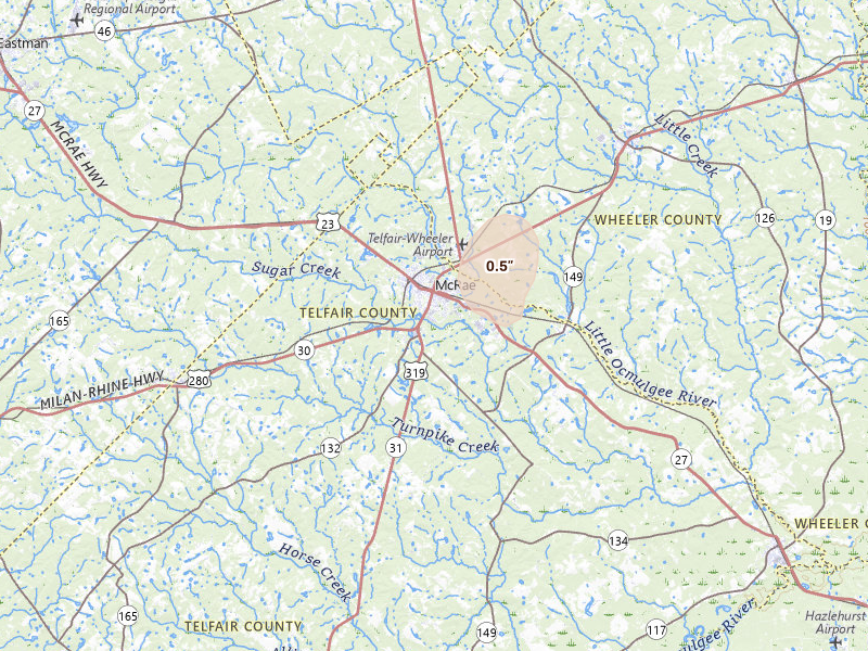 Radar-estimated hail-size map of the storm over Mc Rae Helena, GA on Jun 29, 2026