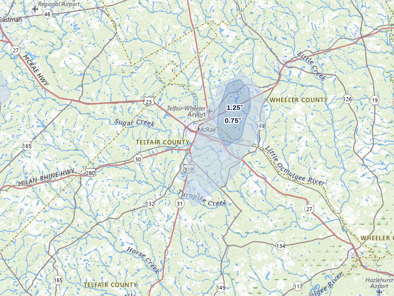 NEXRAD radar-signature map of the hail storm over Mc Rae Helena, GA on Jun 29, 2026