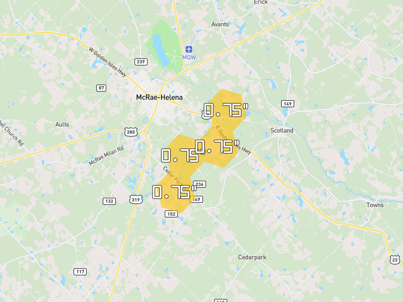 Hail map of Mc Rae Helena, GA on Jun 30, 2026, hail up to 0.75"