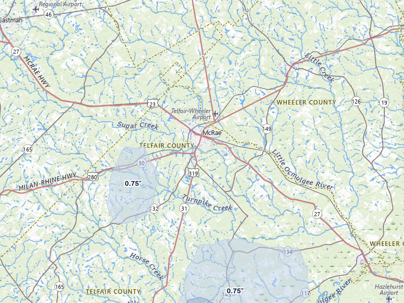 NEXRAD radar-signature map of the hail storm over Mc Rae Helena, GA on Jul 5, 2026