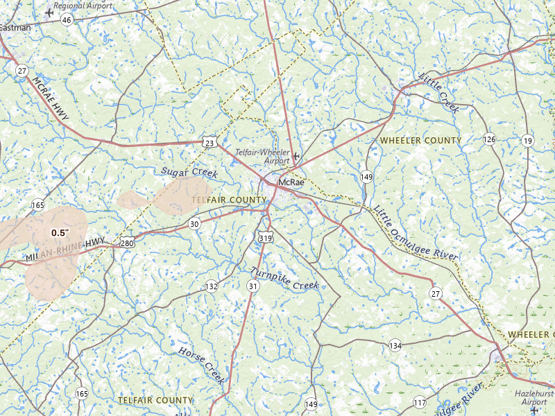 Radar-estimated hail-size map of the storm over Mc Rae Helena, GA on Jul 9, 2026