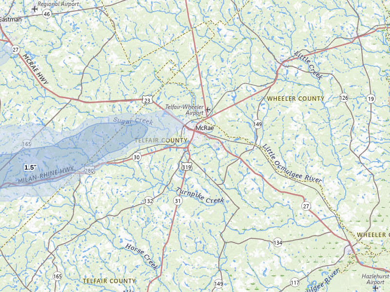 NEXRAD radar-signature map of the hail storm over Mc Rae Helena, GA on Jul 9, 2026