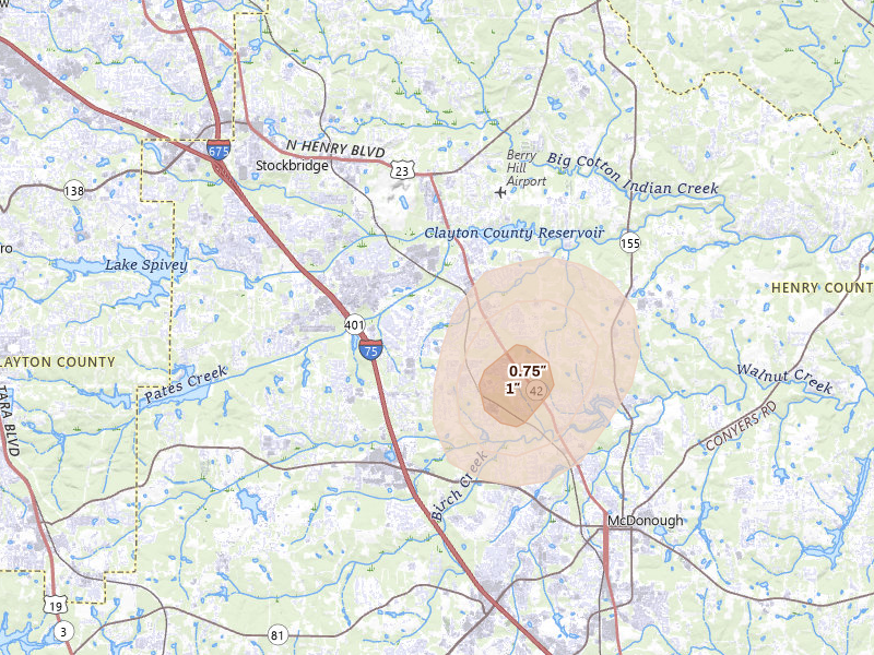 Radar-estimated hail-size map of the storm over Mcdonough, GA on Mar 6, 2026