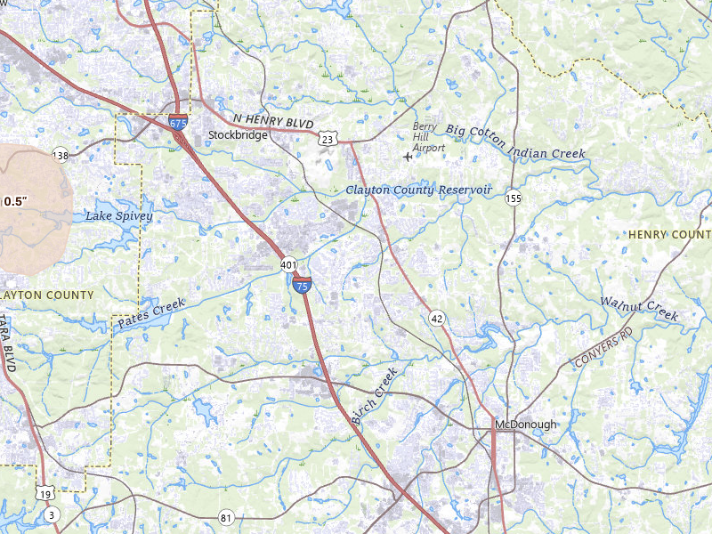 Radar-estimated hail-size map of the storm over Mcdonough, GA on Jul 5, 2026