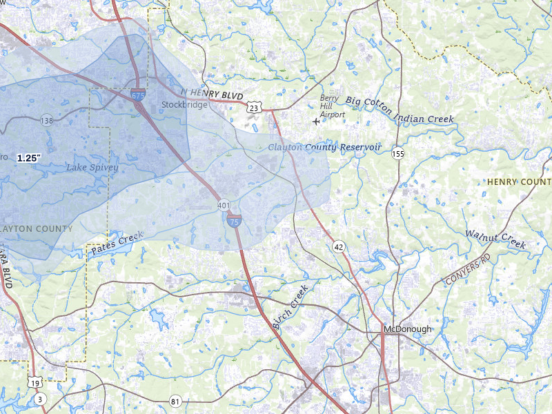 NEXRAD radar-signature map of the hail storm over Mcdonough, GA on Jul 5, 2026