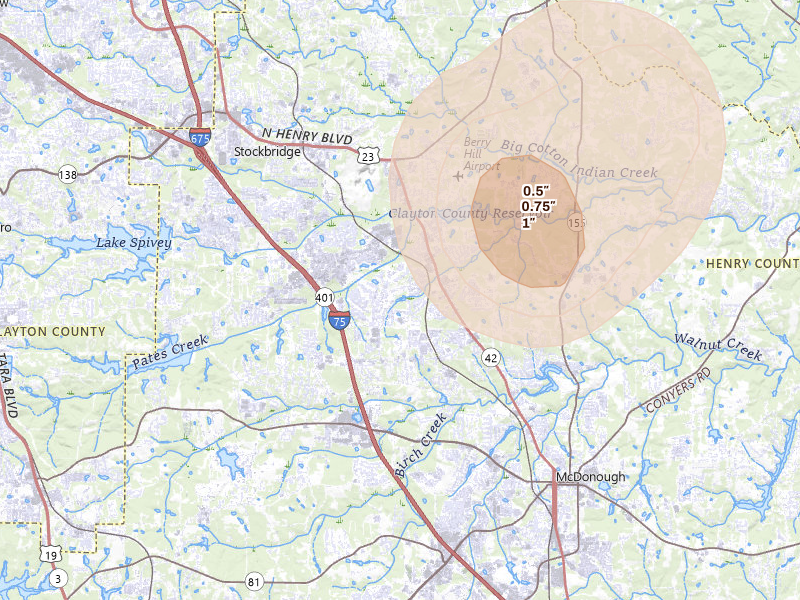 Radar-estimated hail-size map of the storm over Mcdonough, GA on Jul 17, 2026