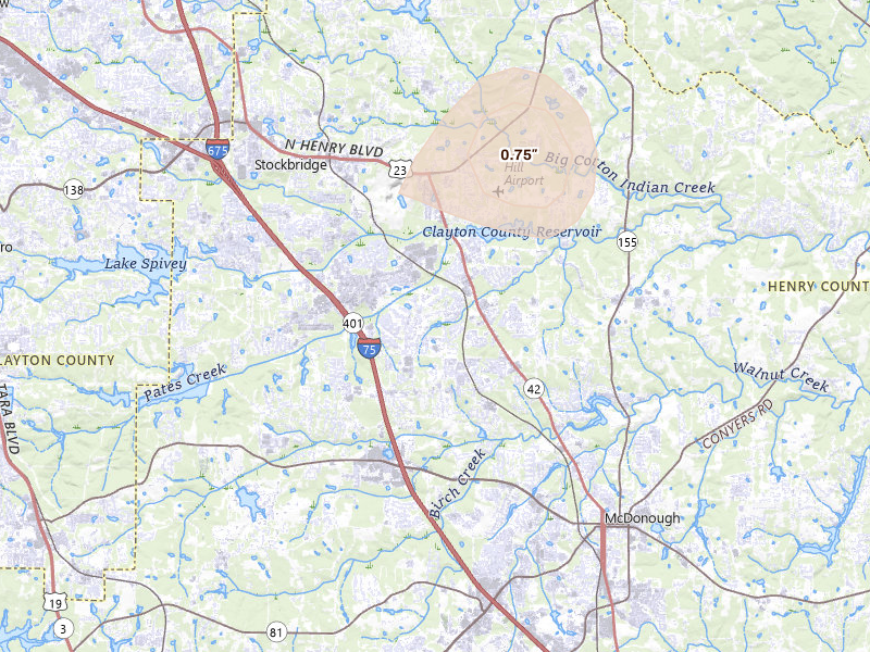 Radar-estimated hail-size map of the storm over Mcdonough, GA on Jul 19, 2026