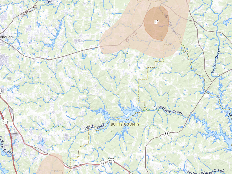 Radar-estimated hail-size map of the storm over Mcdonough, GA on Aug 5, 2026
