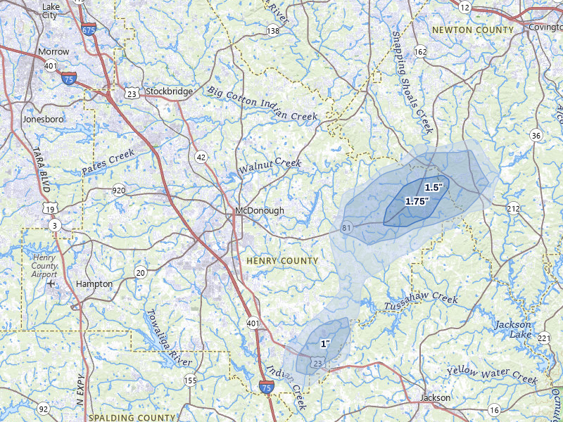 NEXRAD radar-signature map of the hail storm over Mcdonough, GA on Aug 5, 2026