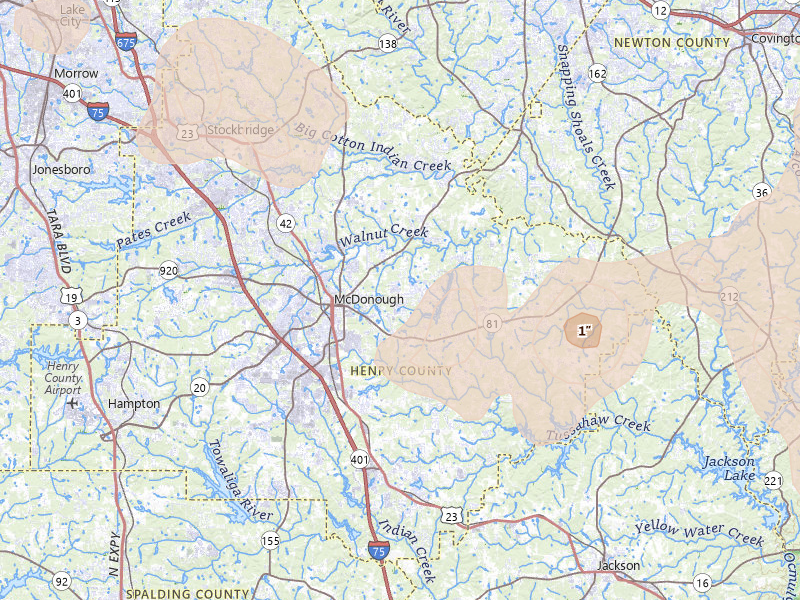 Radar-estimated hail-size map of the storm over Mcdonough, GA on Sep 5, 2026