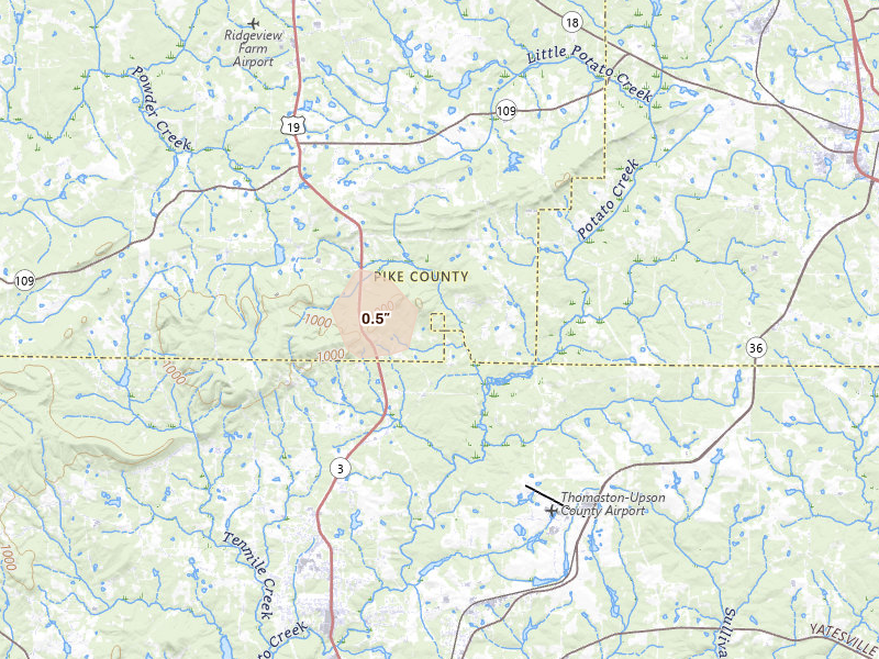 Radar-estimated hail-size map of the storm over Meansville, GA on Jun 9, 2026
