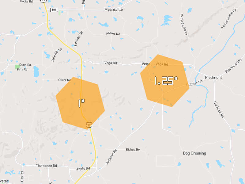 Hail map of Meansville, GA on Jun 9, 2026, hail up to 1.25"