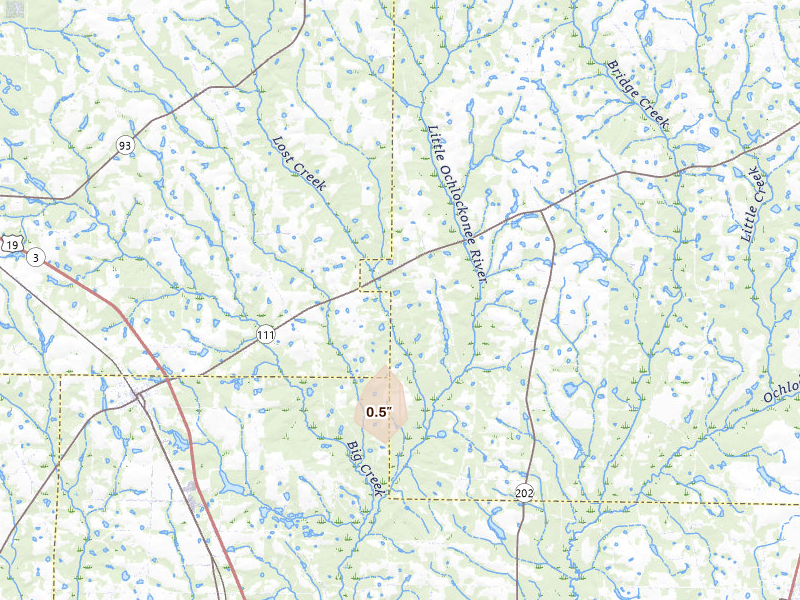Radar-estimated hail-size map of the storm over Meigs, GA