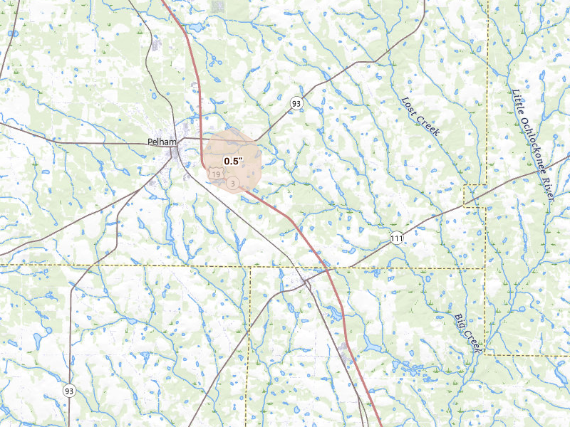 Radar-estimated hail-size map of the storm over Meigs, GA on Aug 25, 2026