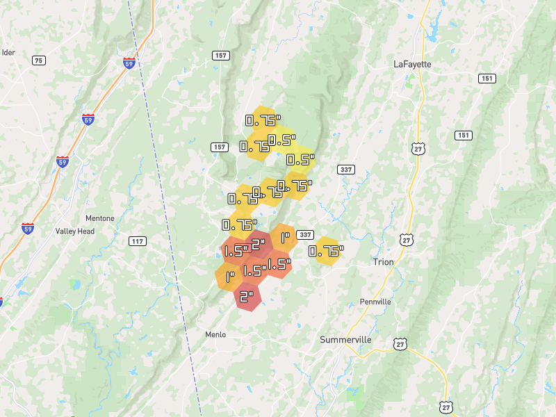 Hail map of Menlo, GA on Jul 5, 2026, hail up to 2"
