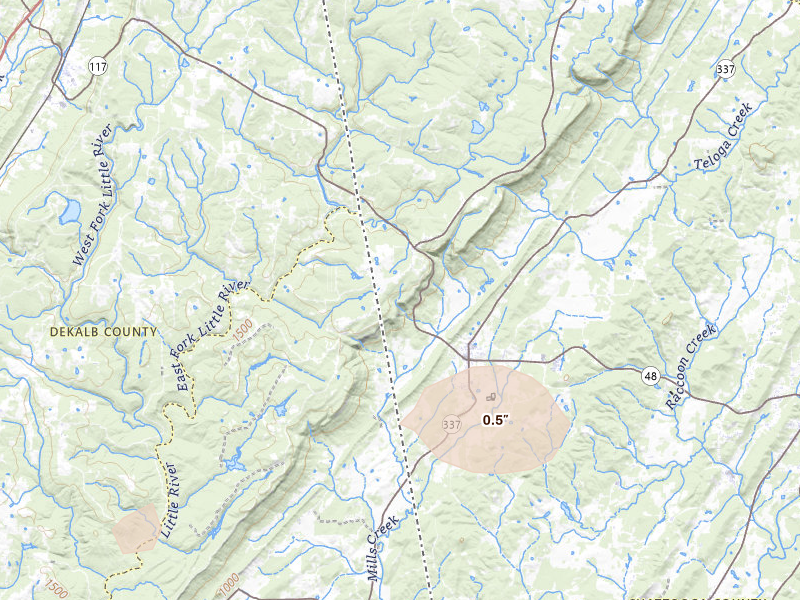 Radar-estimated hail-size map of the storm over Menlo, GA on Aug 6, 2026