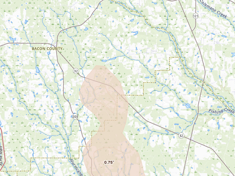 Radar-estimated hail-size map of the storm over Mershon, GA