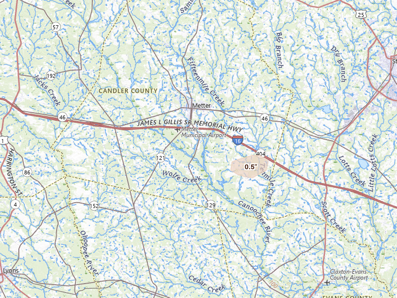 Radar-estimated hail-size map of the storm over Metter, GA on Jul 5, 2026