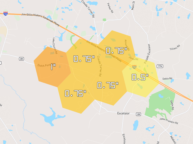 Hail map of Metter, GA on Jul 5, 2026, hail up to 1"