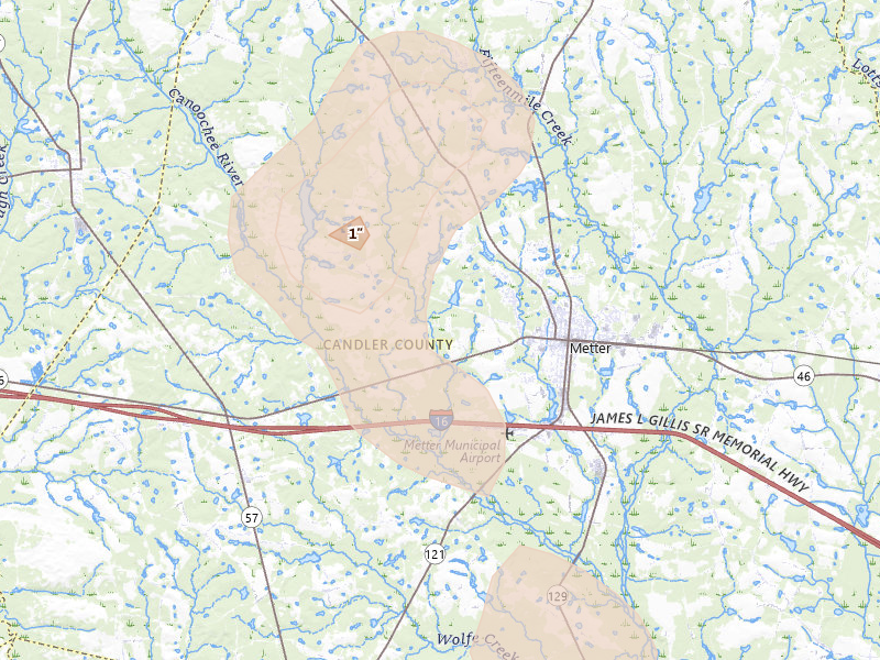 Radar-estimated hail-size map of the storm over Metter, GA on Aug 13, 2026