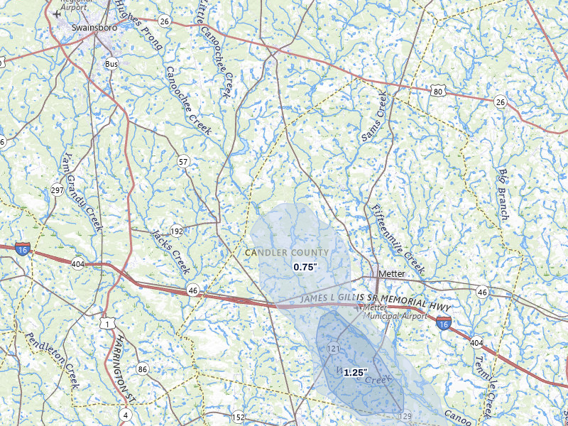 NEXRAD radar-signature map of the hail storm over Metter, GA on Aug 16, 2026