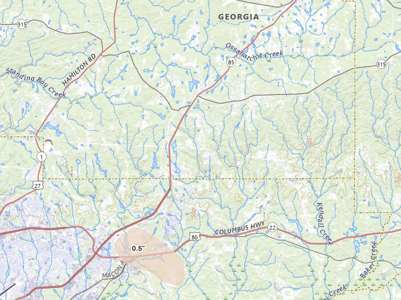 Radar-estimated hail-size map of the storm over Midland, GA on Jun 1, 2026