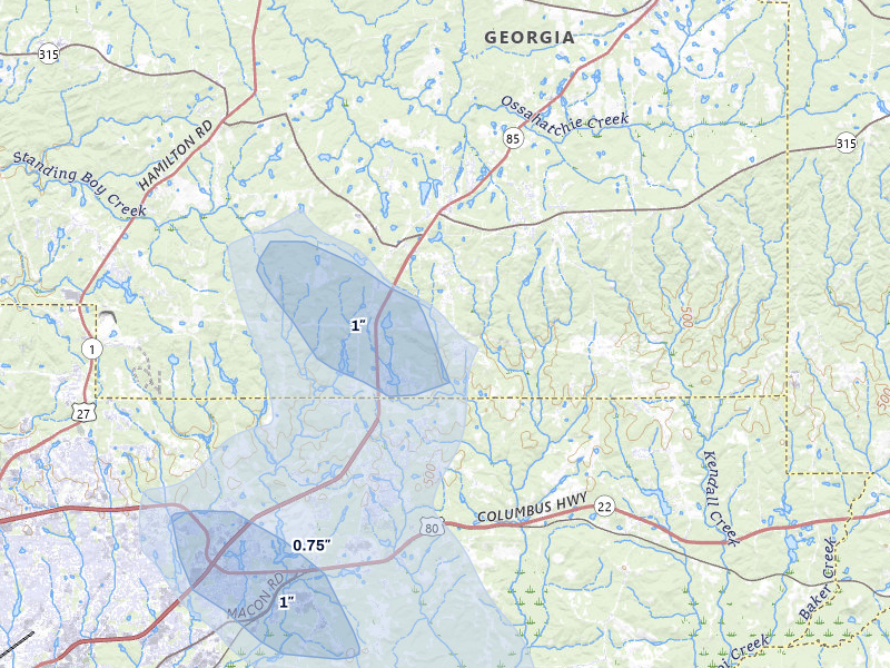 NEXRAD radar-signature map of the hail storm over Midland, GA on Jun 1, 2026