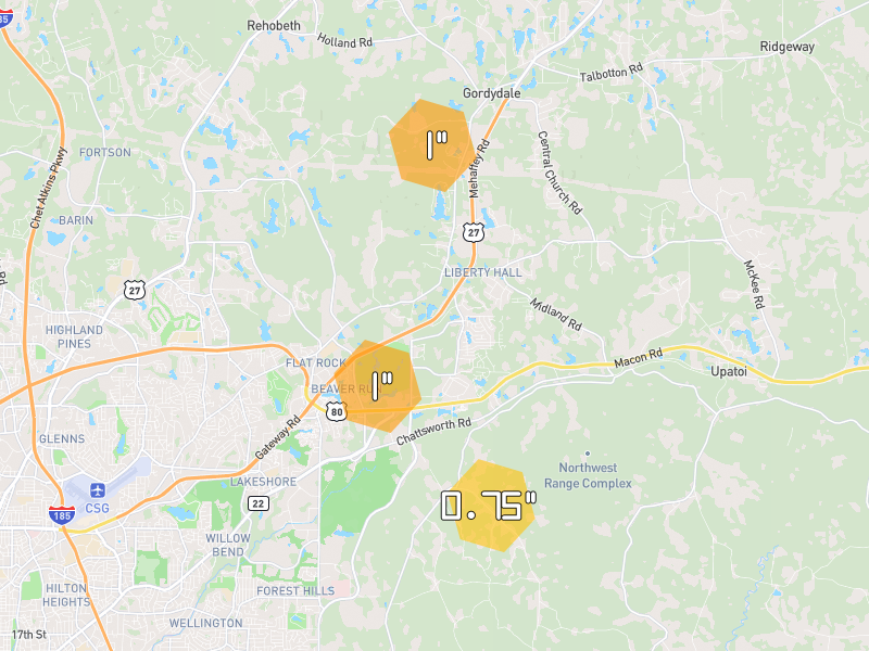 Hail map of Midland, GA on Jun 1, 2026, hail up to 1"